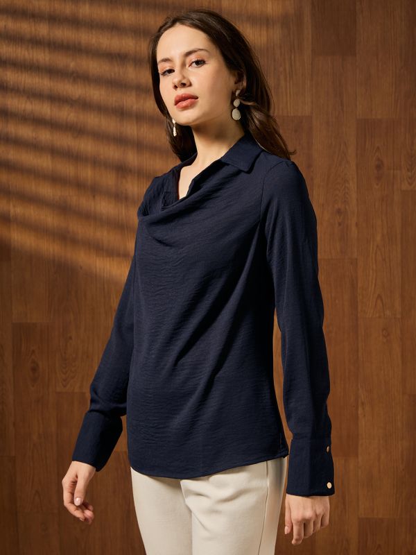 Globus Women Navy Blue Cowl Neck Cuffed Sleeves Self Design Shirt Style Workwear Top