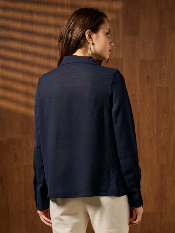 Globus Women Navy Blue Cowl Neck Cuffed Sleeves Self Design Shirt Style Workwear Top