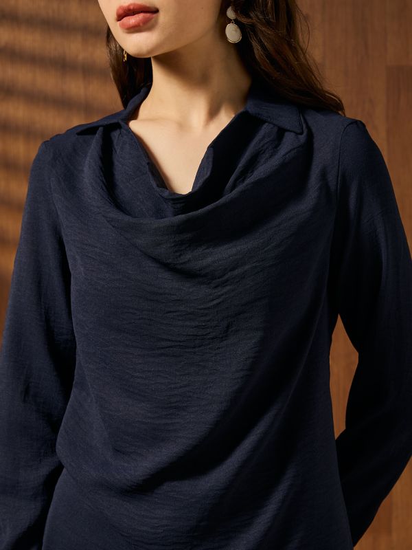Globus Women Navy Blue Cowl Neck Cuffed Sleeves Self Design Shirt Style Workwear Top