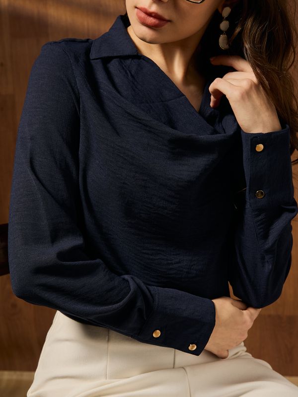 Globus Women Navy Blue Cowl Neck Cuffed Sleeves Self Design Shirt Style Workwear Top