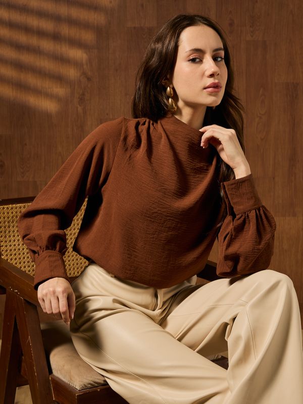 Globus Women Brown Cowl Neck Cuffed Sleeves Self Design Workwear Top