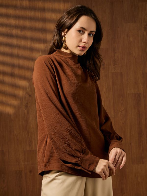 Globus Women Brown Cowl Neck Cuffed Sleeves Self Design Workwear Top