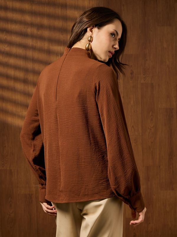 Globus Women Brown Cowl Neck Cuffed Sleeves Self Design Workwear Top