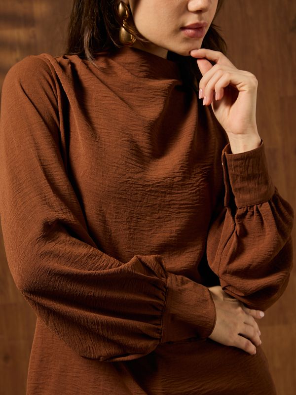 Globus Women Brown Cowl Neck Cuffed Sleeves Self Design Workwear Top