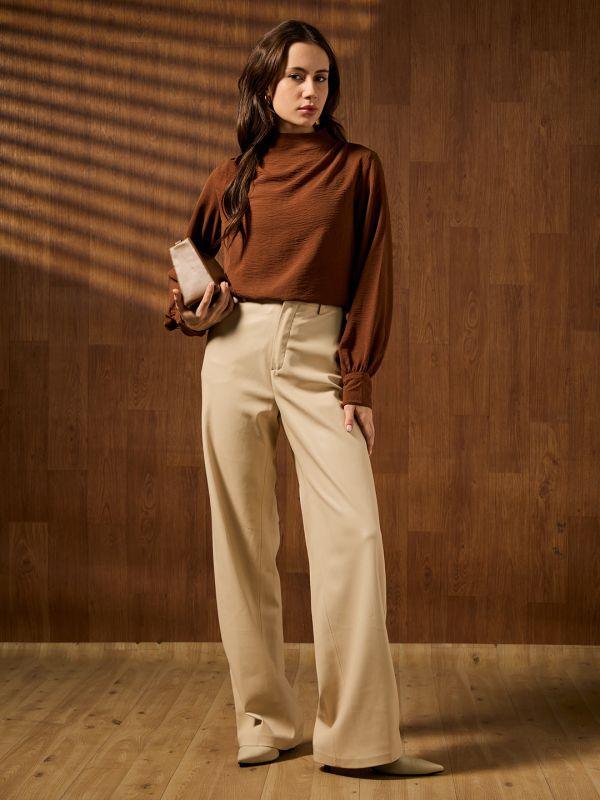 Globus Women Brown Cowl Neck Cuffed Sleeves Self Design Workwear Top