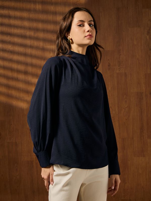 Globus Women Navy Blue Cowl Neck Cuffed Sleeves Self Design Workwear Top