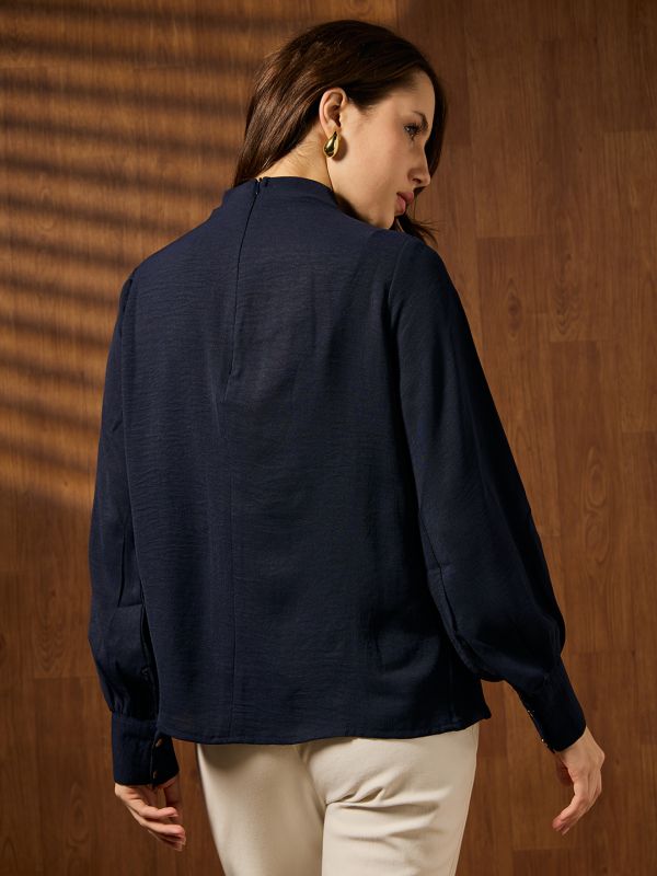 Globus Women Navy Blue Cowl Neck Cuffed Sleeves Self Design Workwear Top