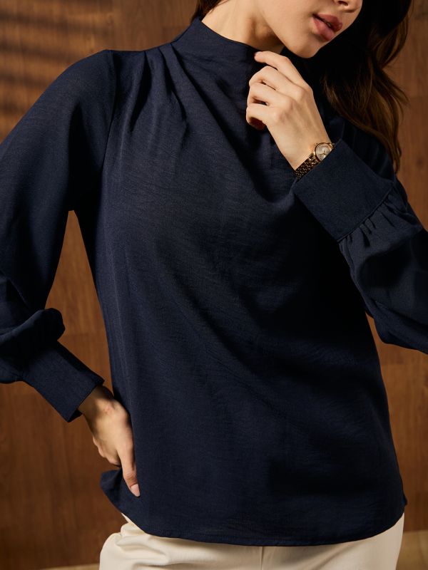 Globus Women Navy Blue Cowl Neck Cuffed Sleeves Self Design Workwear Top