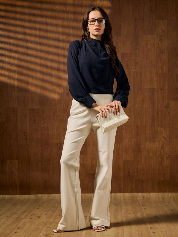 Globus Women Navy Blue Cowl Neck Cuffed Sleeves Self Design Workwear Top
