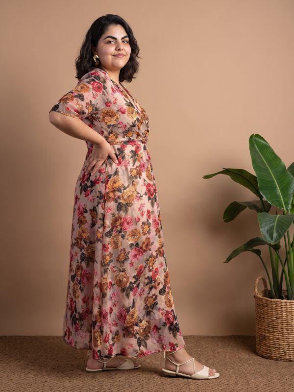 Globus Gloplus Women Magenta V-neck Regular Sleeves Waist Tie-up Detail Floral Print Flared Hem Maxi Fit & Flare Plus Size Dress