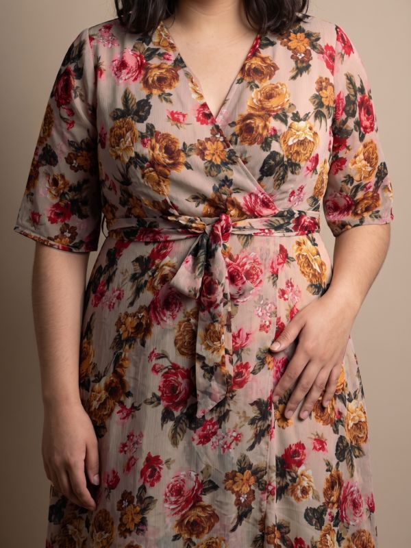 Globus Gloplus Women Magenta V-neck Regular Sleeves Waist Tie-up Detail Floral Print Flared Hem Maxi Fit & Flare Plus Size Dress