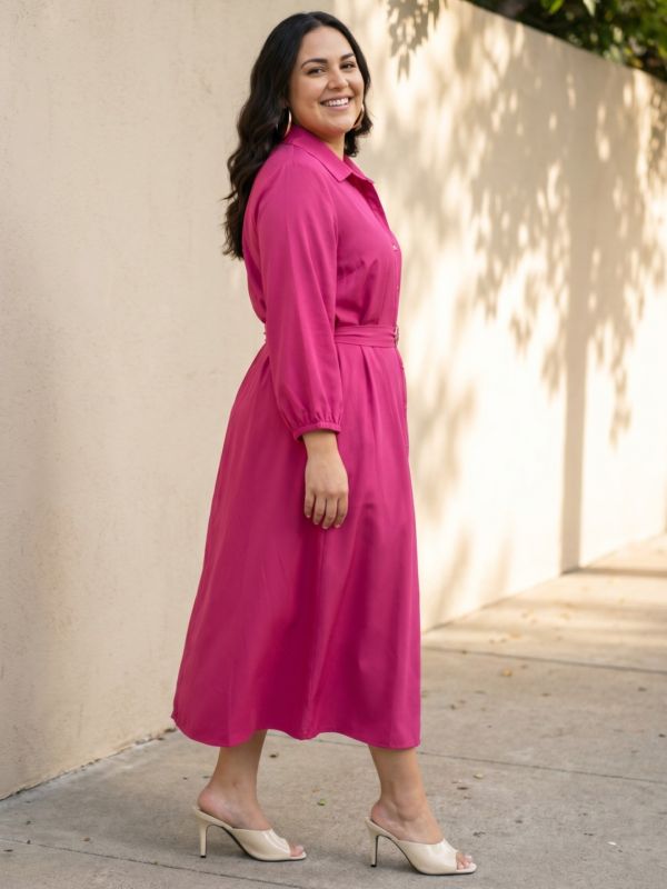 Globus Gloplus Women Pink Collared Neck Puff Sleeve Belted A-Line Midi Plus Size Dress