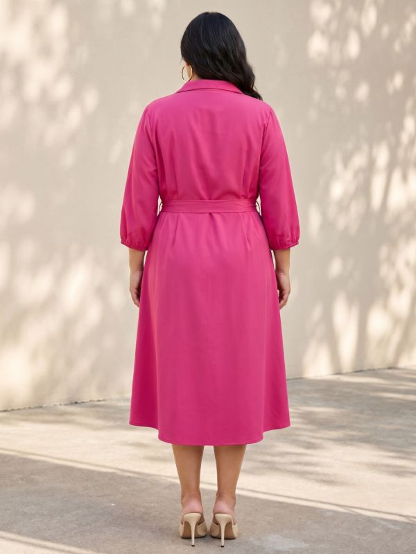 Globus Gloplus Women Pink Collared Neck Puff Sleeve Belted A-Line Midi Plus Size Dress