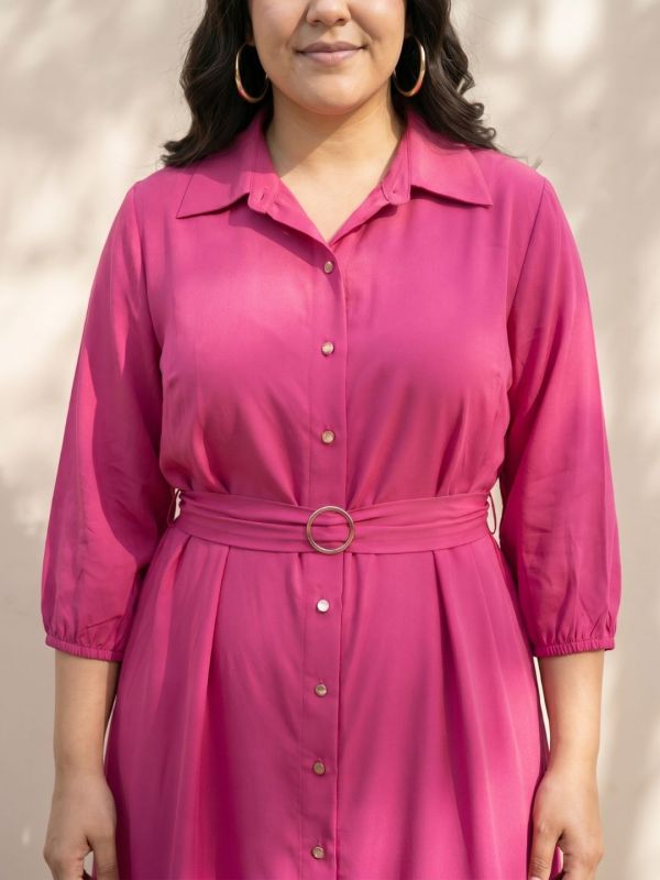 Globus Gloplus Women Pink Collared Neck Puff Sleeve Belted A-Line Midi Plus Size Dress