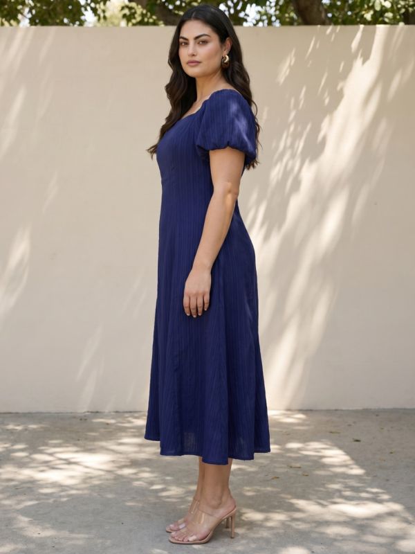 Globus Gloplus Women Blue Square Neck Puff Sleeve Smocked Fit and Flare Midi Plus Size Dress