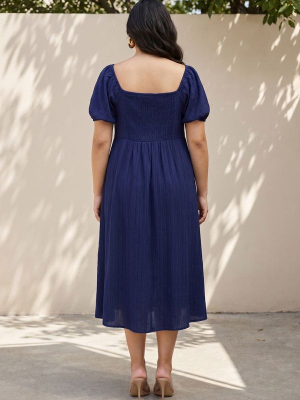 Globus Gloplus Women Blue Square Neck Puff Sleeve Smocked Fit and Flare Midi Plus Size Dress
