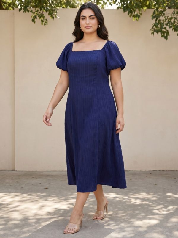Globus Gloplus Women Blue Square Neck Puff Sleeve Smocked Fit and Flare Midi Plus Size Dress