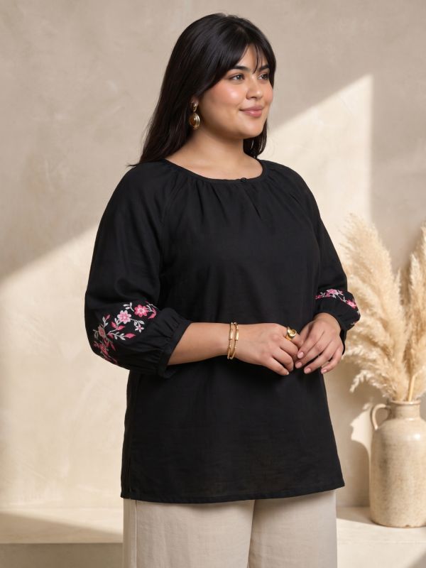 Globus Women Black Floral Embroidered Keyhole Neck Long Raglan Sleeves Cotton Top