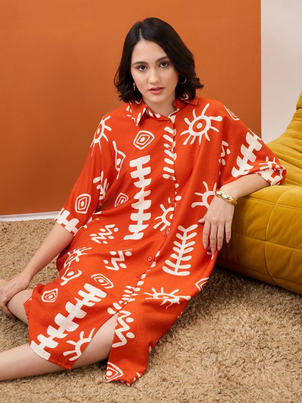 Globus Women Rust Tribal Print Collared Neck Batwing Sleeves Straight Hem Oversized Fusion Midi Shirt Dress