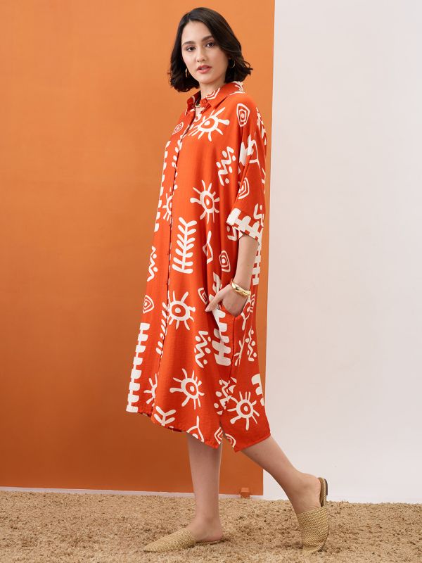 Globus Women Rust Tribal Print Collared Neck Batwing Sleeves Straight Hem Oversized Fusion Midi Shirt Dress