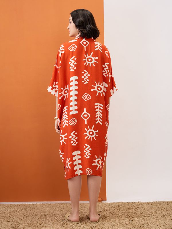 Globus Women Rust Tribal Print Collared Neck Batwing Sleeves Straight Hem Oversized Fusion Midi Shirt Dress