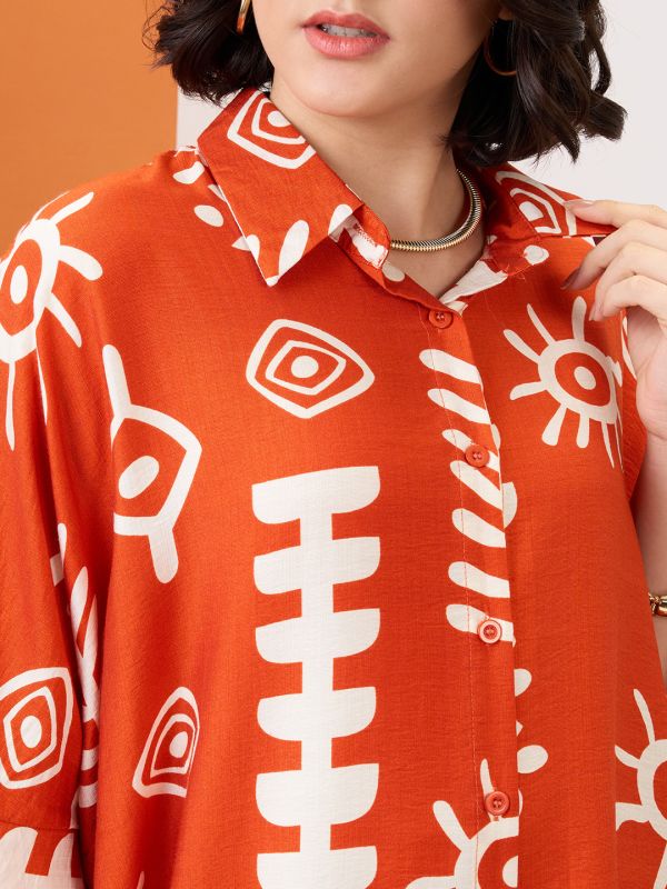 Globus Women Rust Tribal Print Collared Neck Batwing Sleeves Straight Hem Oversized Fusion Midi Shirt Dress