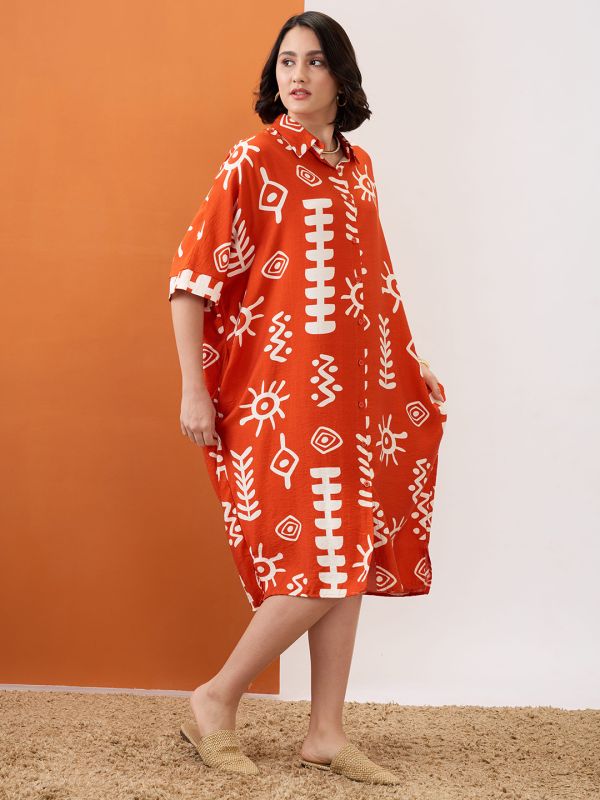 Globus Women Rust Tribal Print Collared Neck Batwing Sleeves Straight Hem Oversized Fusion Midi Shirt Dress