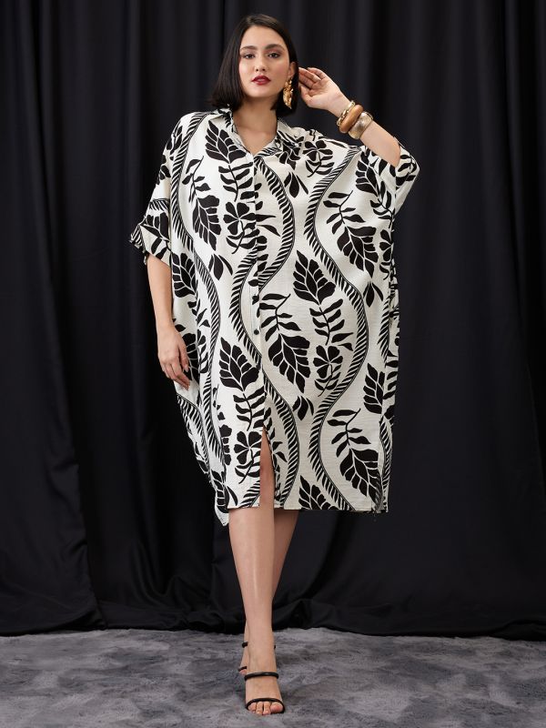 Globus Women White Tropical Print Collared Neck Batwing Sleeves Straight Hem Oversized Fusion Midi Shirt Dress