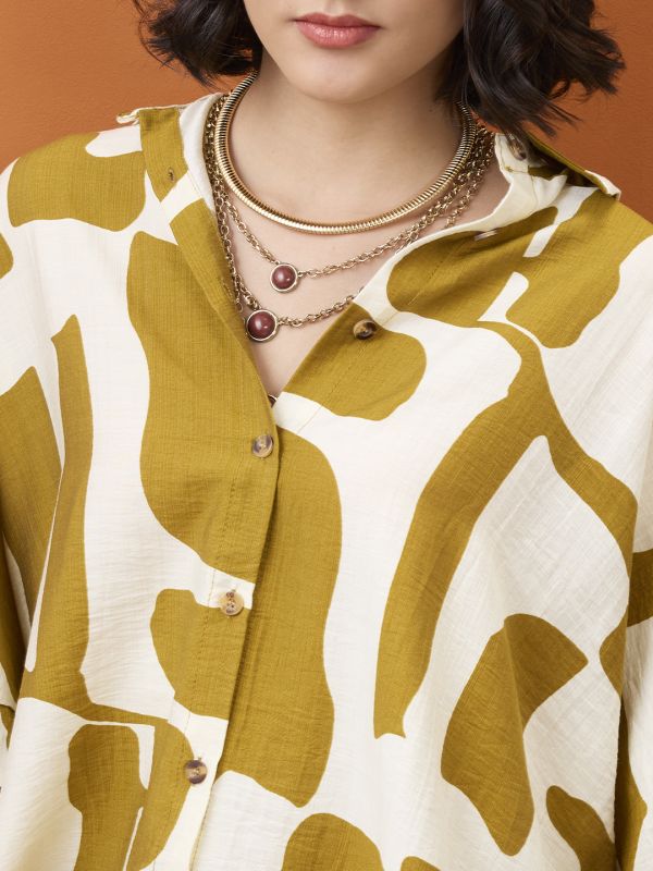 Globus Women Brown Abstract Print Collared Neck Batwing Sleeves Straight Hem Oversized Fusion Midi Shirt Dress