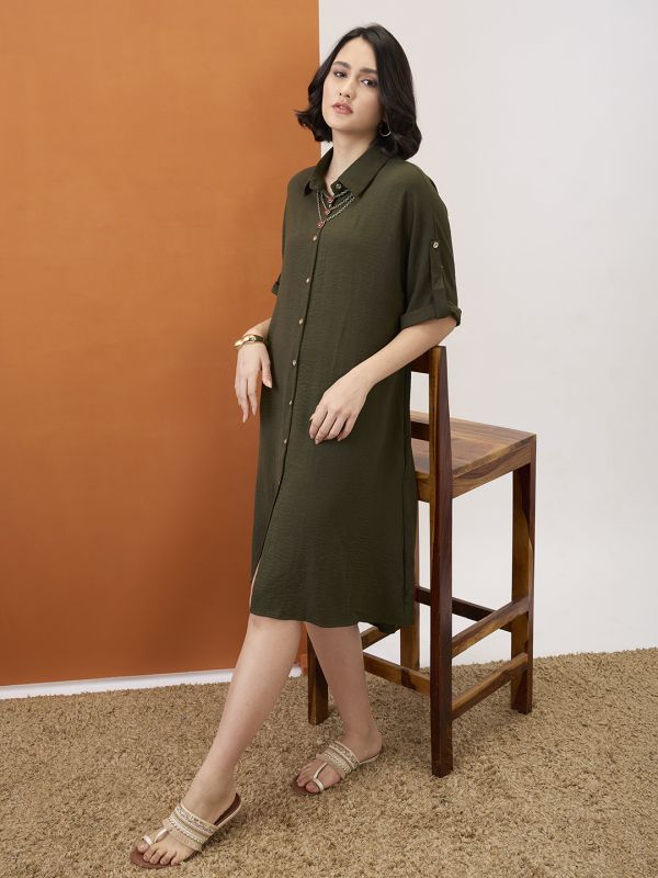 Globus Women Olive Solid Collared Neck Roll-Up Sleeves Curved Hem Midi Shirt Dress