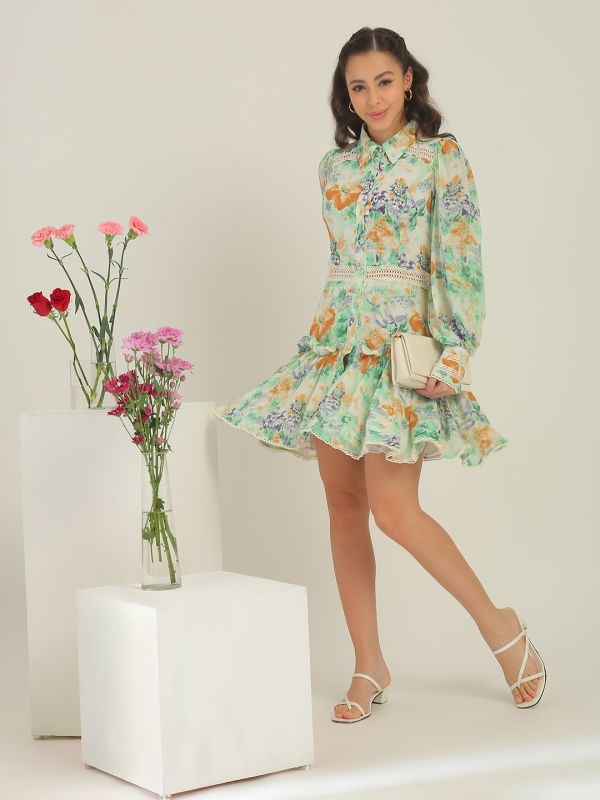 Globus Women Green Collared Neck Cuffed Puff Sleeves Floral Print Lace Insert Ruffle Detail Shirt Style A-Line Mini Dress