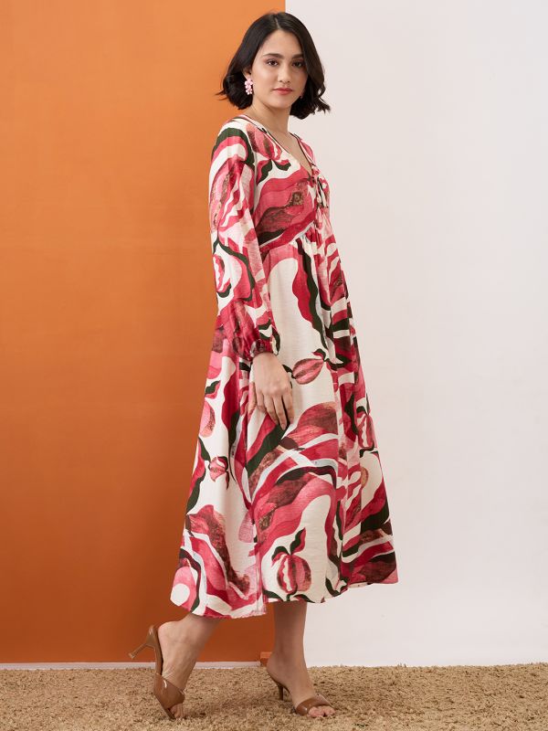 Globus Women Multi Colour V-Neck Bishop Sleeves Abstract Print Tie-Up Detail Gathered A-Line Midi Dress