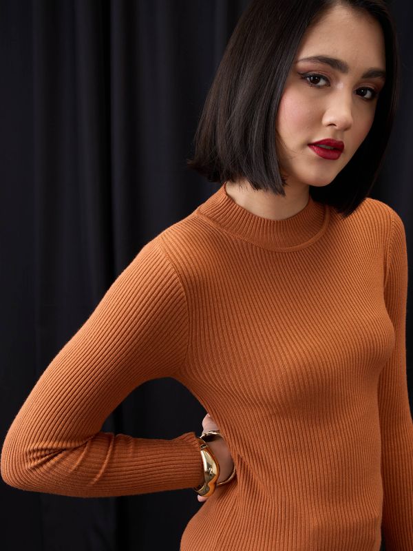 Globus Women Rust High Neck Long Sleeves Flat Knit Ribbed Winter Wear Pullover Sweater