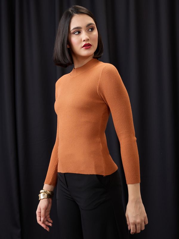 Globus Women Rust High Neck Long Sleeves Flat Knit Ribbed Winter Wear Pullover Sweater