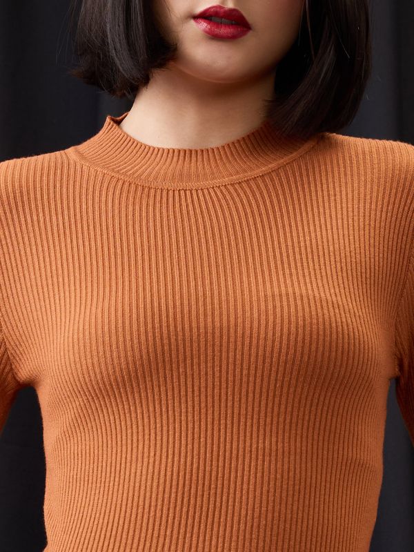 Globus Women Rust High Neck Long Sleeves Flat Knit Ribbed Winter Wear Pullover Sweater