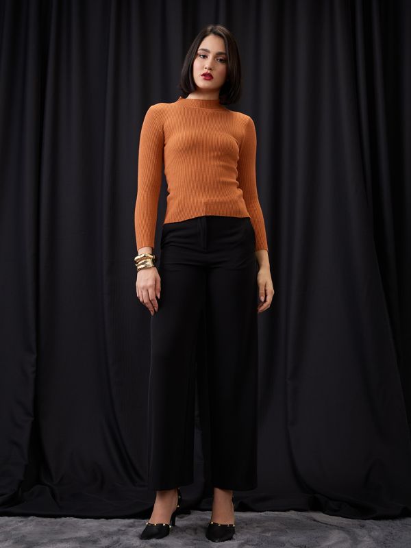 Globus Women Rust High Neck Long Sleeves Flat Knit Ribbed Winter Wear Pullover Sweater