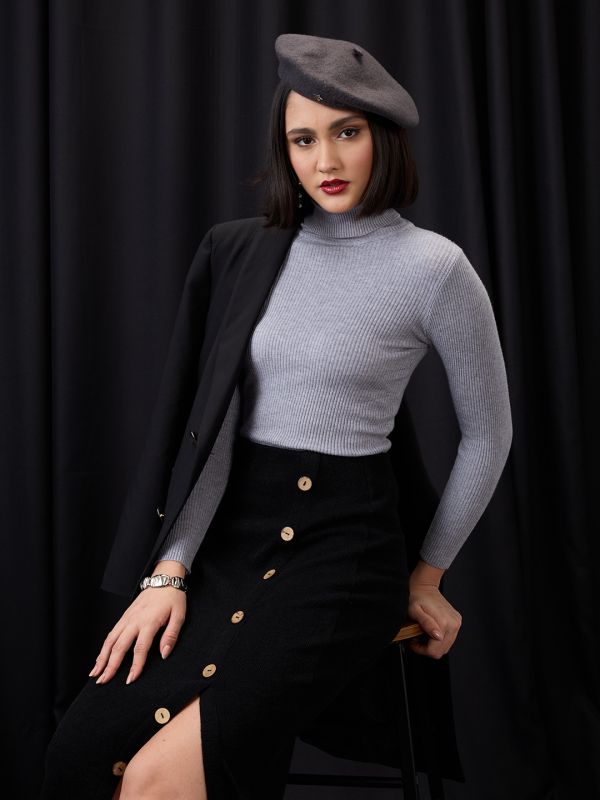 Globus Women Grey Melange Turtle Neck Long Sleeves Flat Knit Ribbed Winter Wear Pullover Sweater