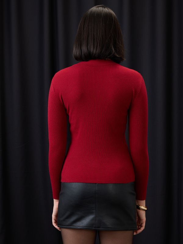 Globus Women Maroon Turtle Neck Long Sleeves Flat Knit Ribbed Winter Wear Pullover Sweater