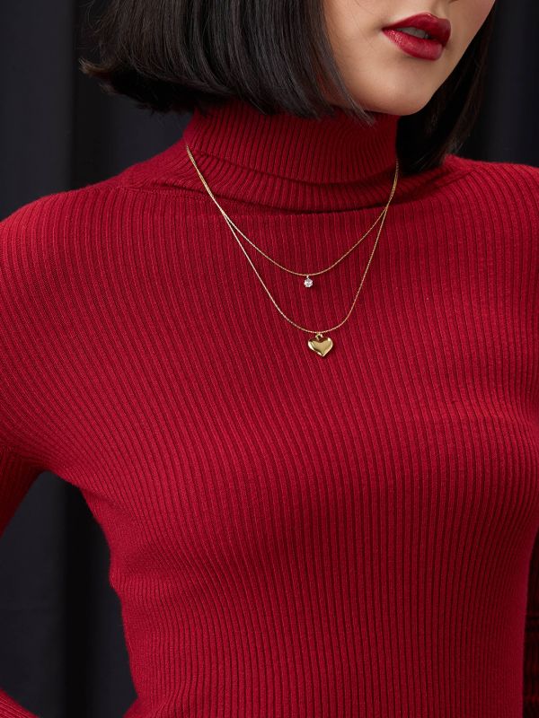 Globus Women Maroon Turtle Neck Long Sleeves Flat Knit Ribbed Winter Wear Pullover Sweater