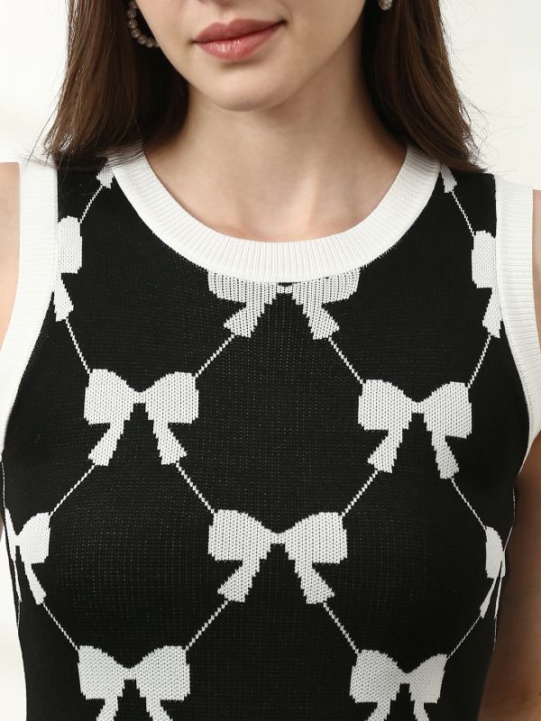 Globus Women Black Round Neck Sleeveless Bow Print Frilled Hem Mini Bodycon Party Dress