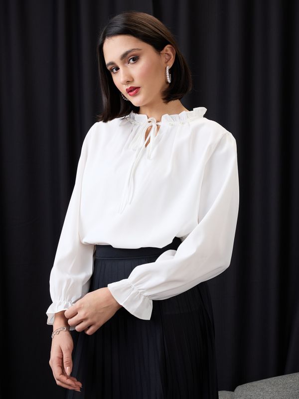 Globus Women White Pearl Detail Frilled Tie-Up Neck Bishop Sleeves Workwear Top