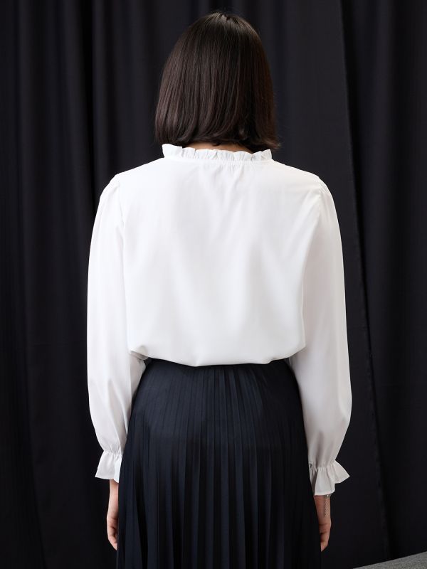 Globus Women White Pearl Detail Frilled Tie-Up Neck Bishop Sleeves Workwear Top