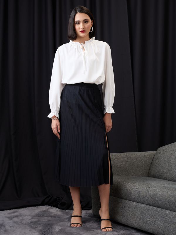 Globus Women White Pearl Detail Frilled Tie-Up Neck Bishop Sleeves Workwear Top