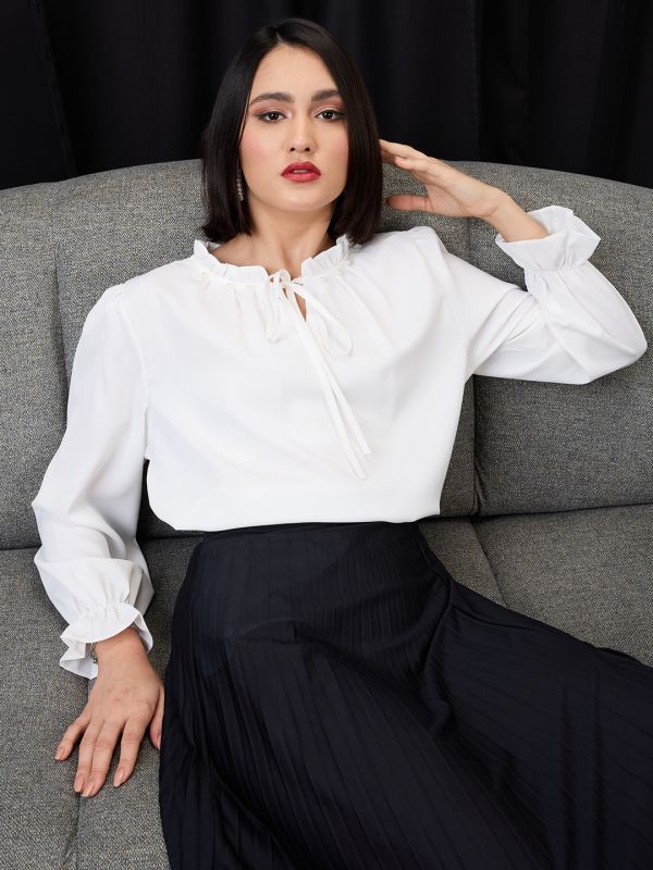 Globus Women White Pearl Detail Frilled Tie-Up Neck Bishop Sleeves Workwear Top