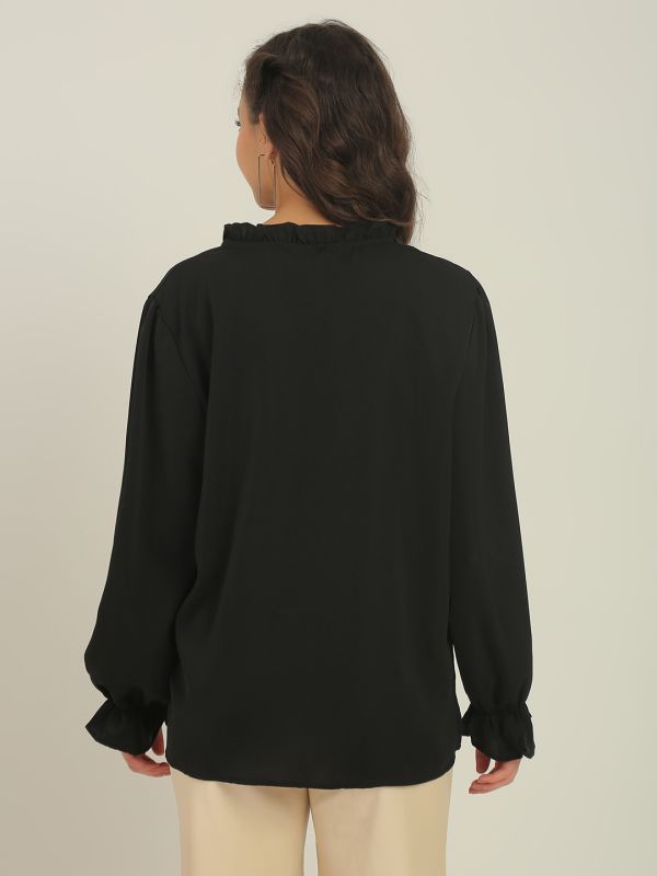 Globus Women Black Pearl Detail Frilled Tie-Up Neck Bishop Sleeves Workwear Top