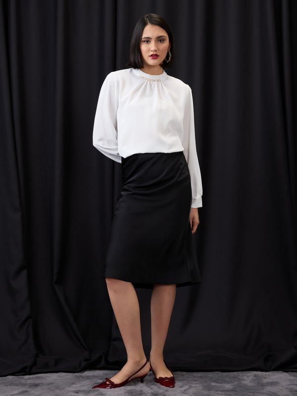 Globus Women White Gold Chain Detail High Neck Cuffed Sleeves Pleated Workwear Top