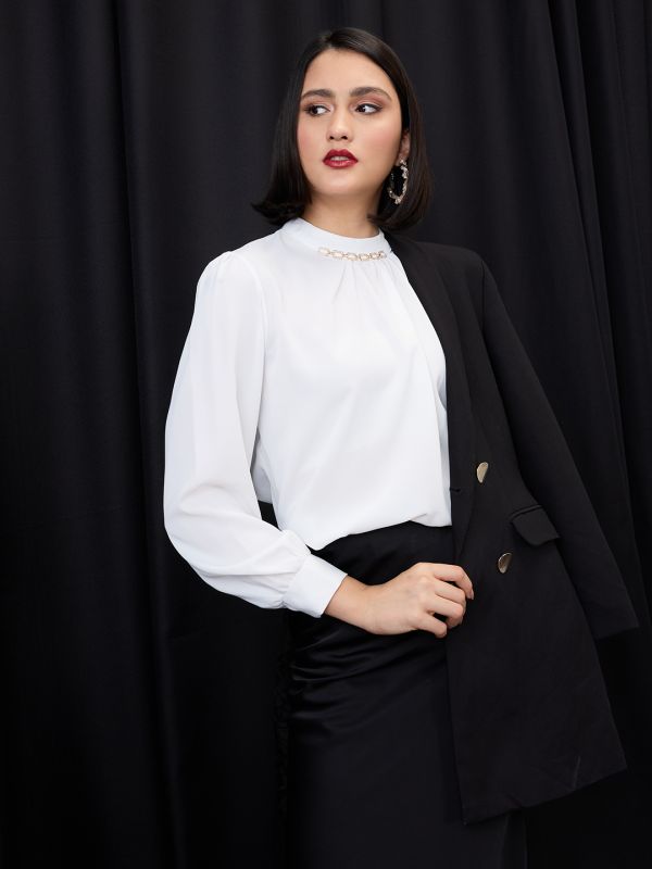 Globus Women White Gold Chain Detail High Neck Cuffed Sleeves Pleated Workwear Top