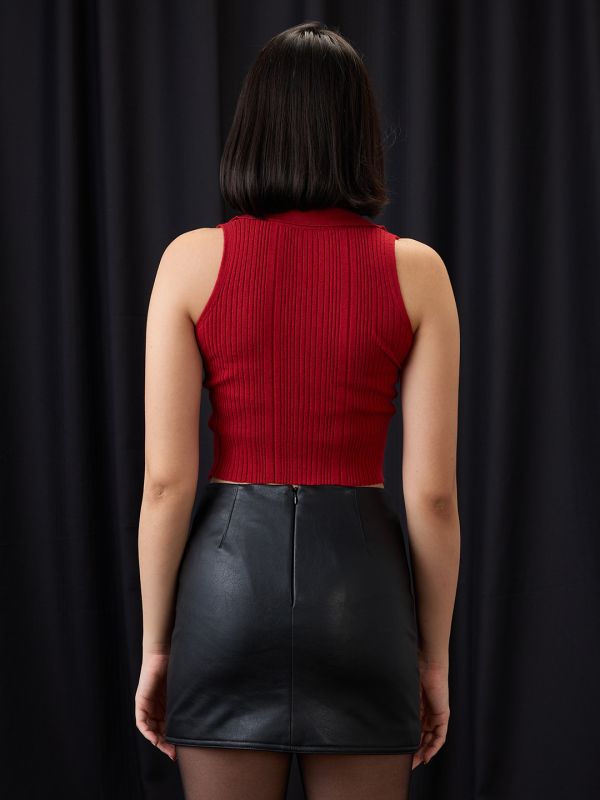 Globus Women Red Collared Halter Neck Gold Button Detail Flat Knit Ribbed Crop Top