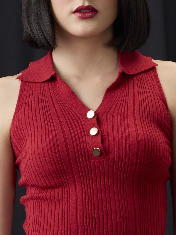 Globus Women Red Collared Halter Neck Gold Button Detail Flat Knit Ribbed Crop Top