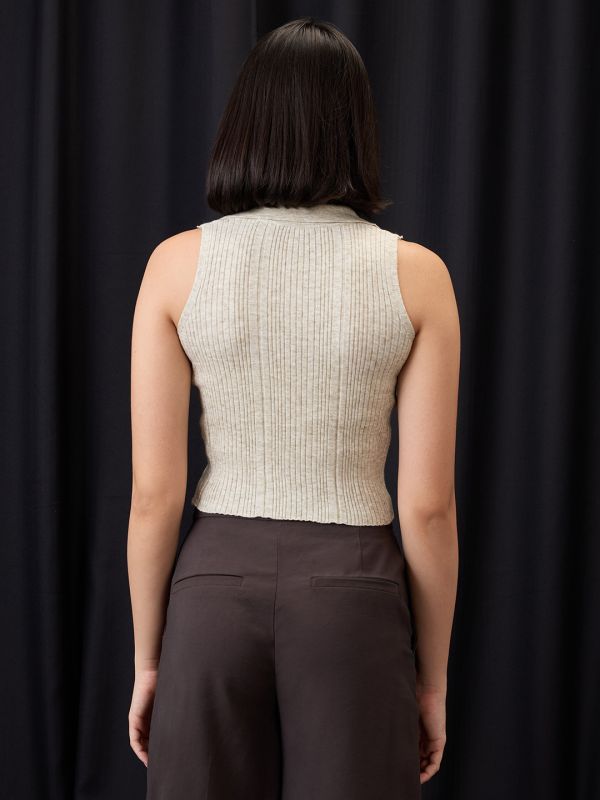 Globus Women Beige Collared Halter Neck Gold Button Detail Flat Knit Ribbed Crop Top